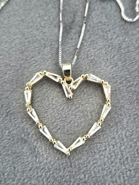 Gold-Tone Cubic Zirconia Heart Pendant On 925 Silver 16"Chain.